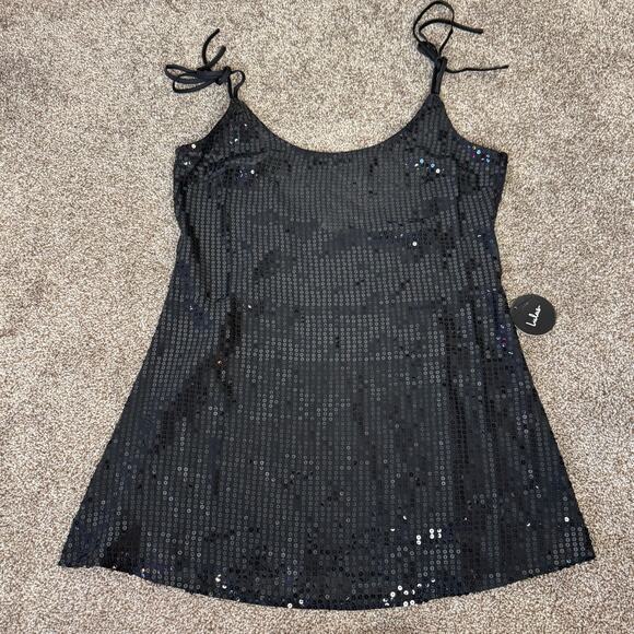 Lulus Black Sequin Tie Shoulder Sheer Top NWT Women's Medium NYE Party Holiday - Picture 3 of 11